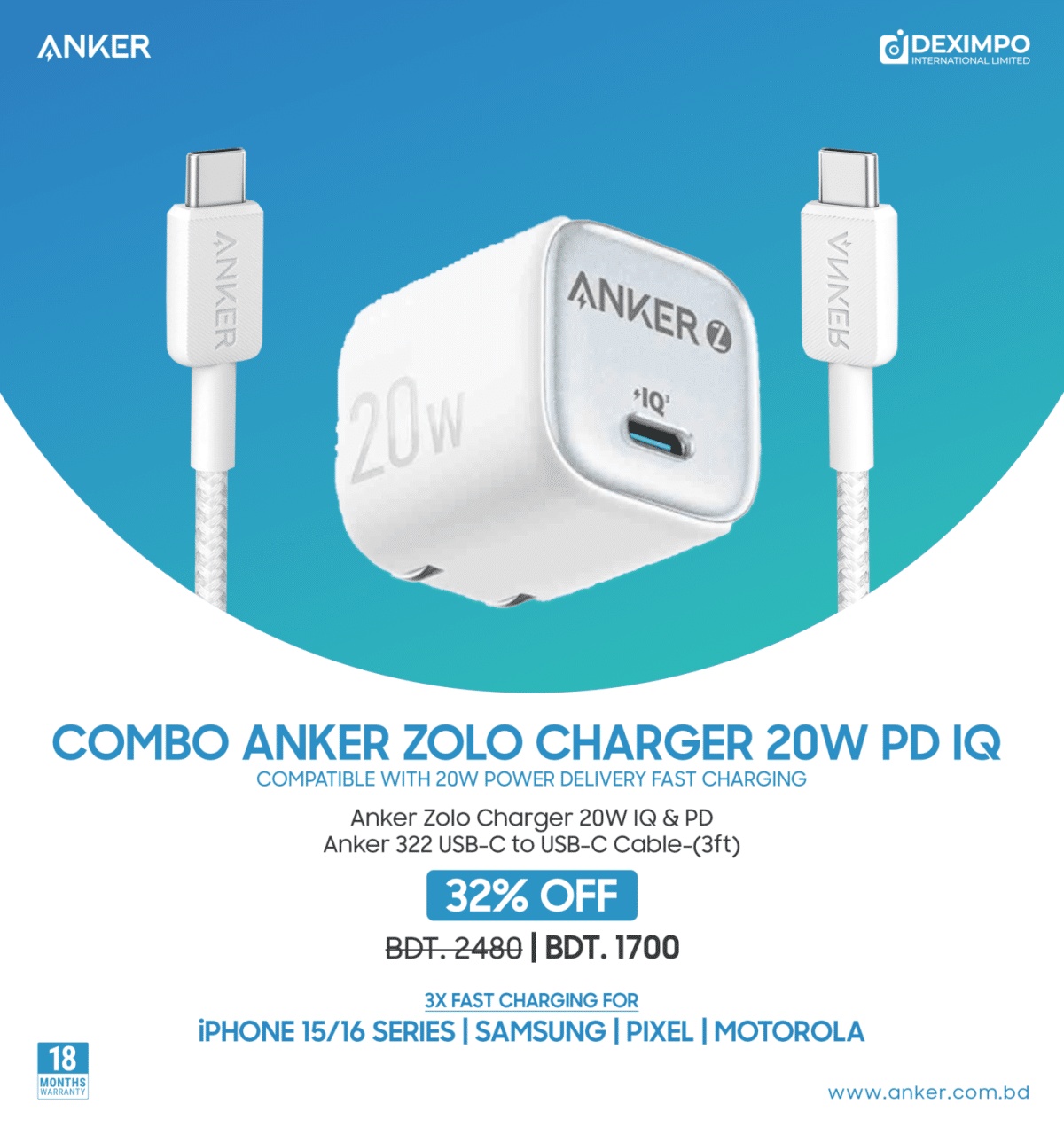 Anker Zolo Charger 20W PD Combo Compact Fast Charging IQ Technology for iPhone Samsung Pixel